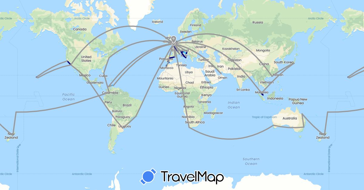 TravelMap itinerary: driving, plane, boat in United Arab Emirates, Argentina, Australia, Brazil, China, Colombia, Spain, Fiji, France, United Kingdom, Gibraltar, Croatia, Italy, Japan, Morocco, Monaco, Mexico, Malaysia, Netherlands, New Zealand, Portugal, Singapore, United States, Vatican City, South Africa (Africa, Asia, Europe, North America, Oceania, South America)